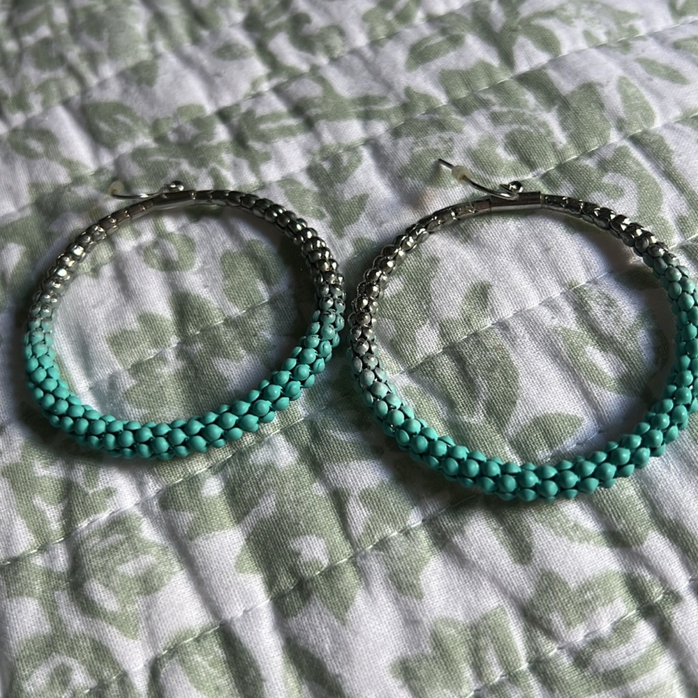 Elegant Silver and Turquoise Beaded Hoop Earrings